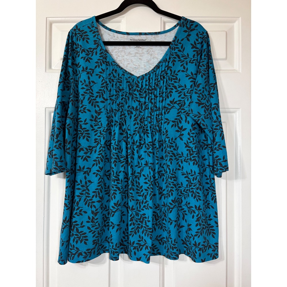 Woman Within | Pintuck V-Neck Leaf Print Plus Size Top | 18/20 | Blue|